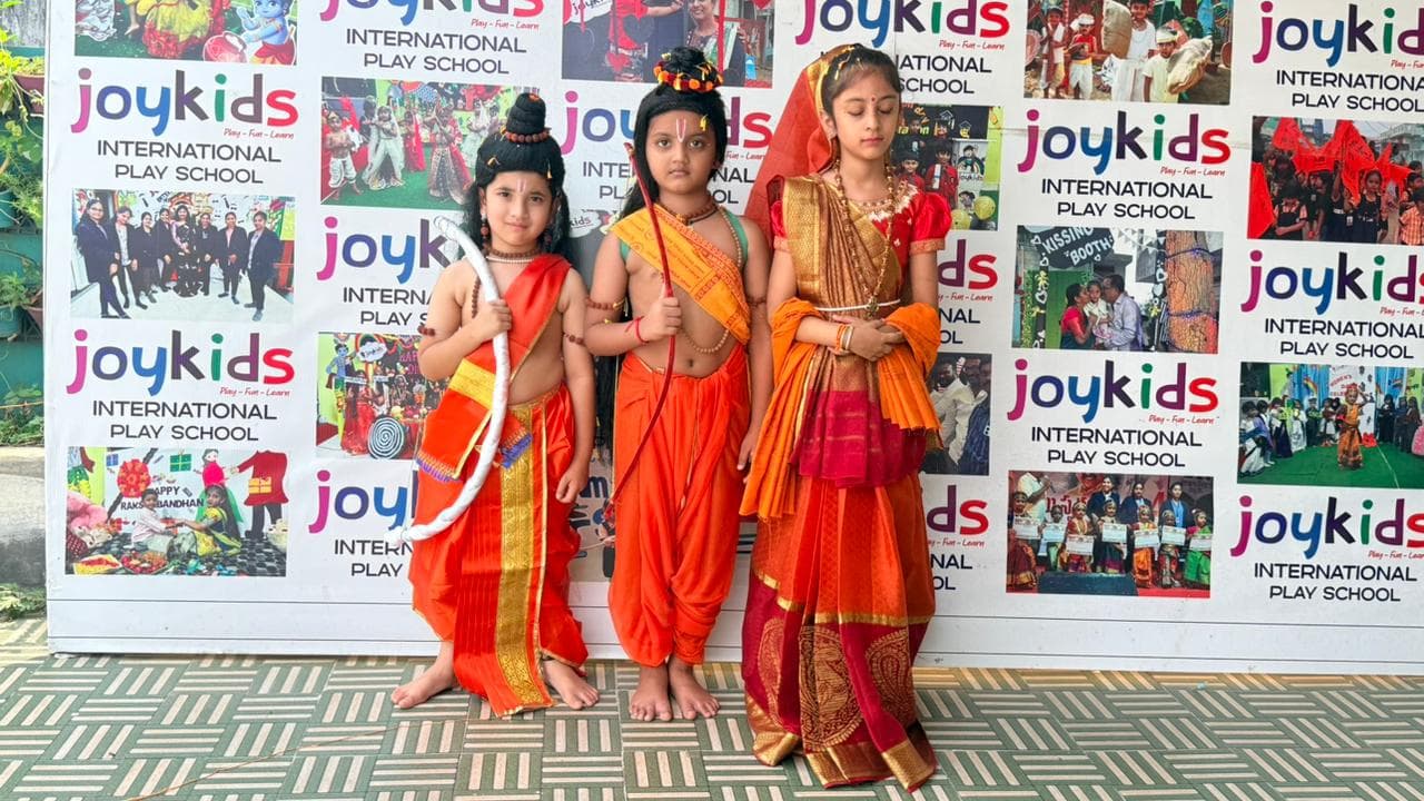 Cheerful kids in a colorful classroom